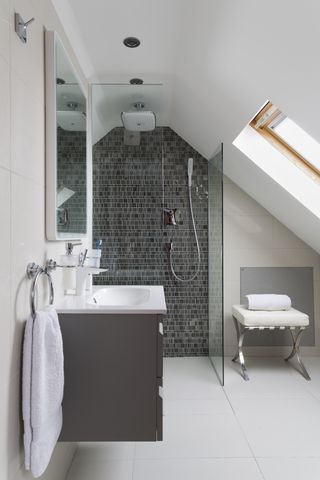 a loft conversion bathroom with a shower in the centre