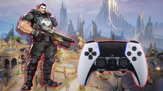 The Punisher next to a DualSense Edge controller, against a backdrop of the Asgard map in Marvel Rivals