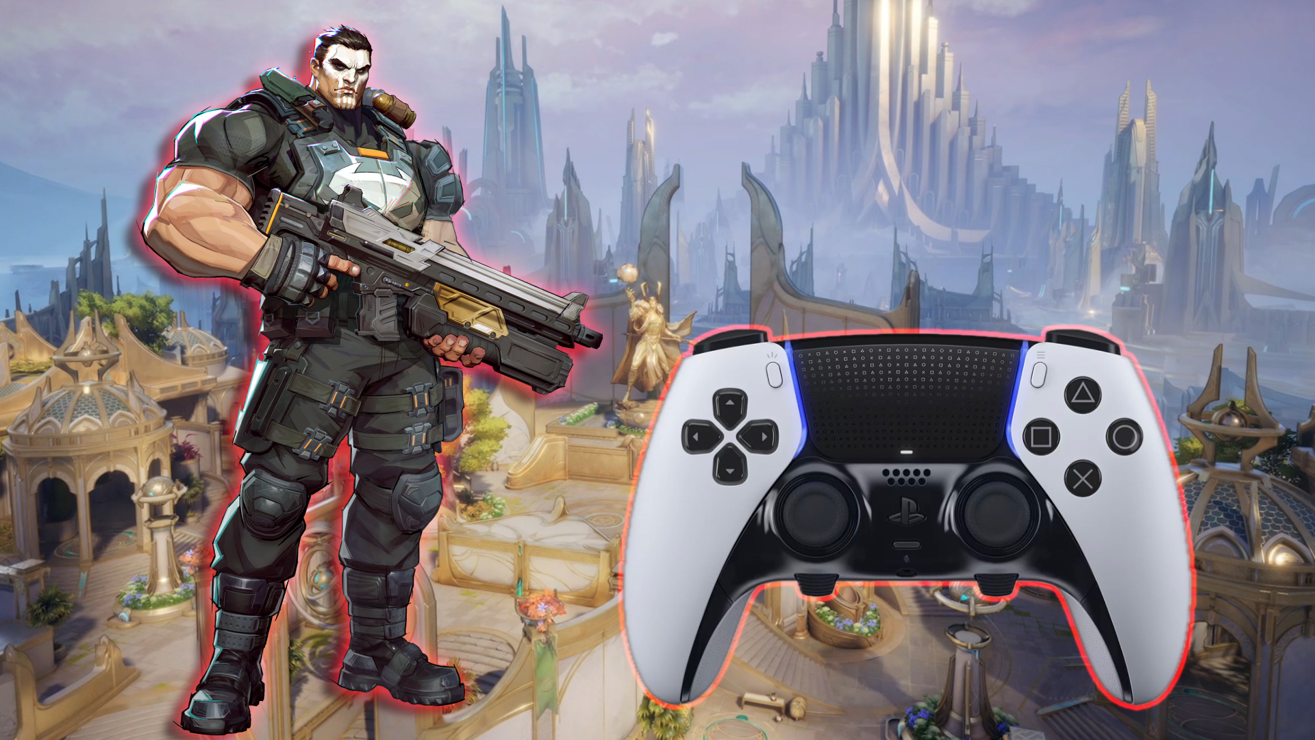 The Punisher next to a DualSense Edge controller, against a backdrop of the Asgard map in Marvel Rivals