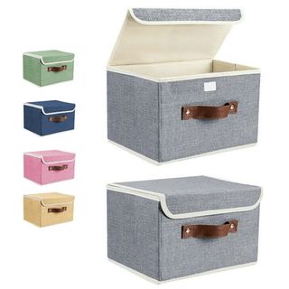 Foldable Fabric Storage Bin With Handle Lid Large Collapsible Box Basket for Home Organizer, 2 Packs, Gray