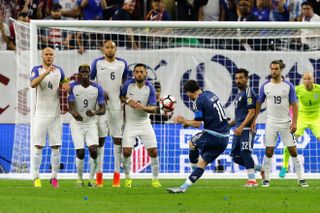 Lionel Messi scores a free-kick against USA for Argentina in the 2016 Copa America Centenario.
