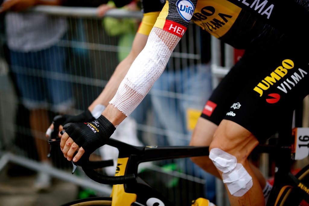 MRDEBRETAGNE GUERLDAN FRANCE JUNE 27 Tony Martin of Germany and Team JumboVisma Injury at start during the 108th Tour de France 2021 Stage 2 a 1835km stage from PerrosGuirec to MrdeBretagne Guerldan 293m LeTour TDF2021 on June 27 2021 in MrdeBretagne Guerldan France Photo by Chris GraythenGetty Images