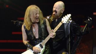 K.K. Downing (left) and Rob Halford performing together