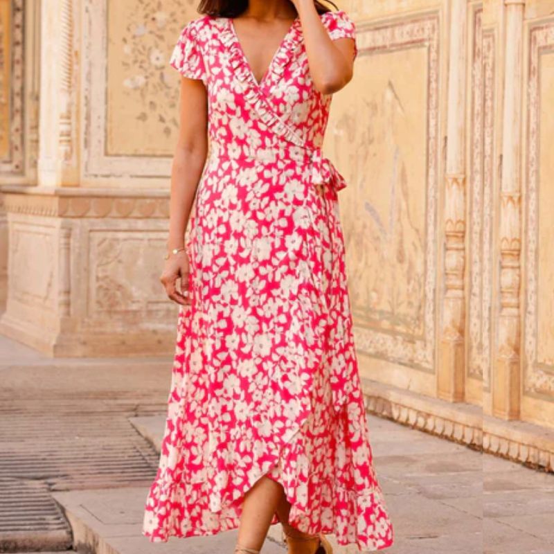red and white floral print dress