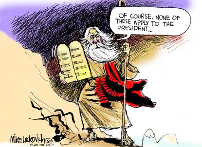 Political cartoon U.S. Trump 10 commandments religion
