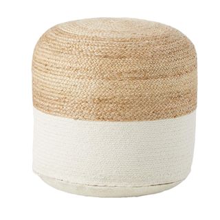 A white and natural jute ottoman on a white background.