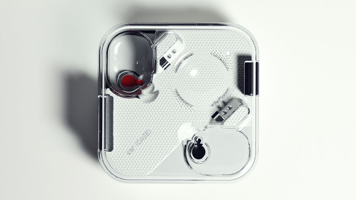 Top-down view of the transparent Nothing Ear 1 charging case with the lid closed