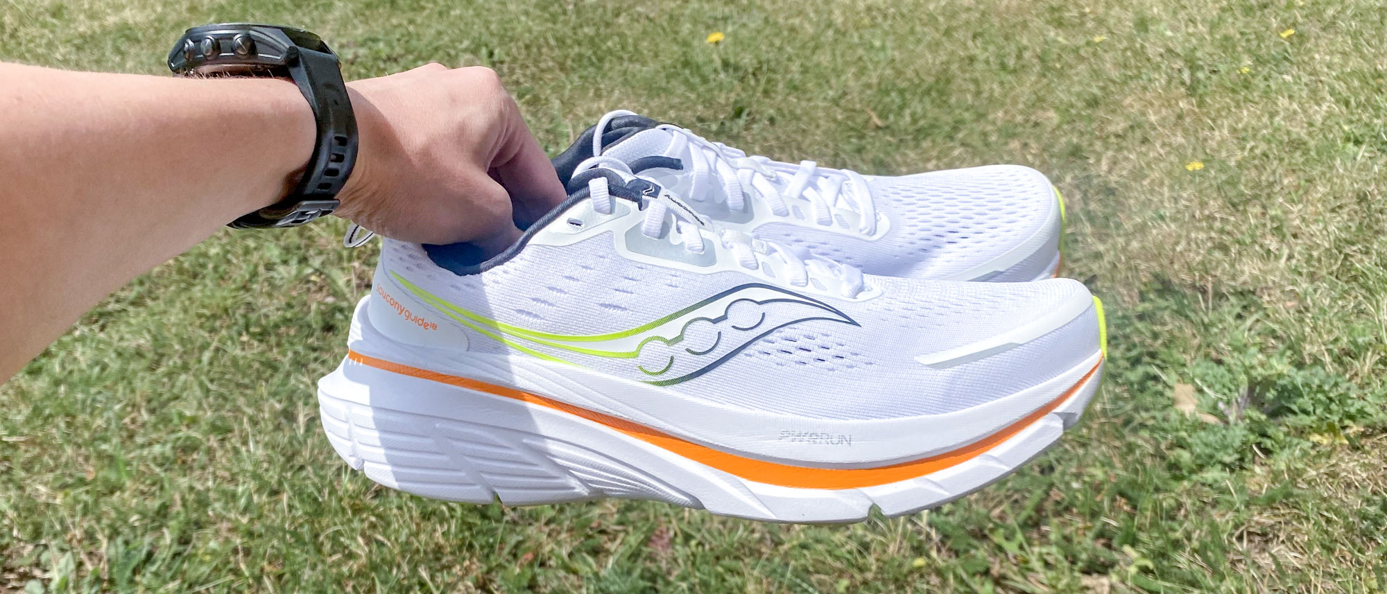 the Saucony Guide 18 in the White/Peel colorway