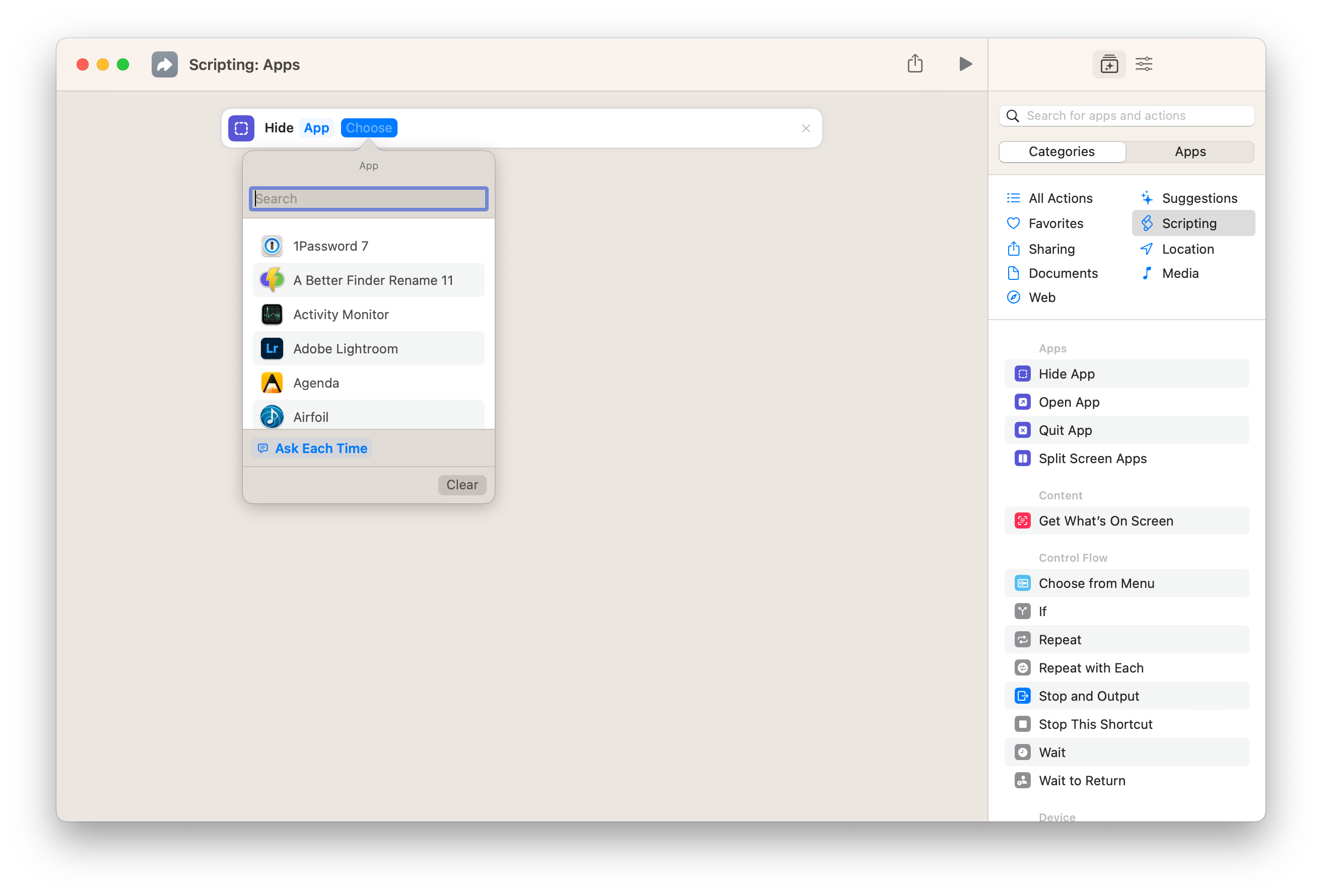 Screenshot of the Hide App action in Shortcuts for Mac.