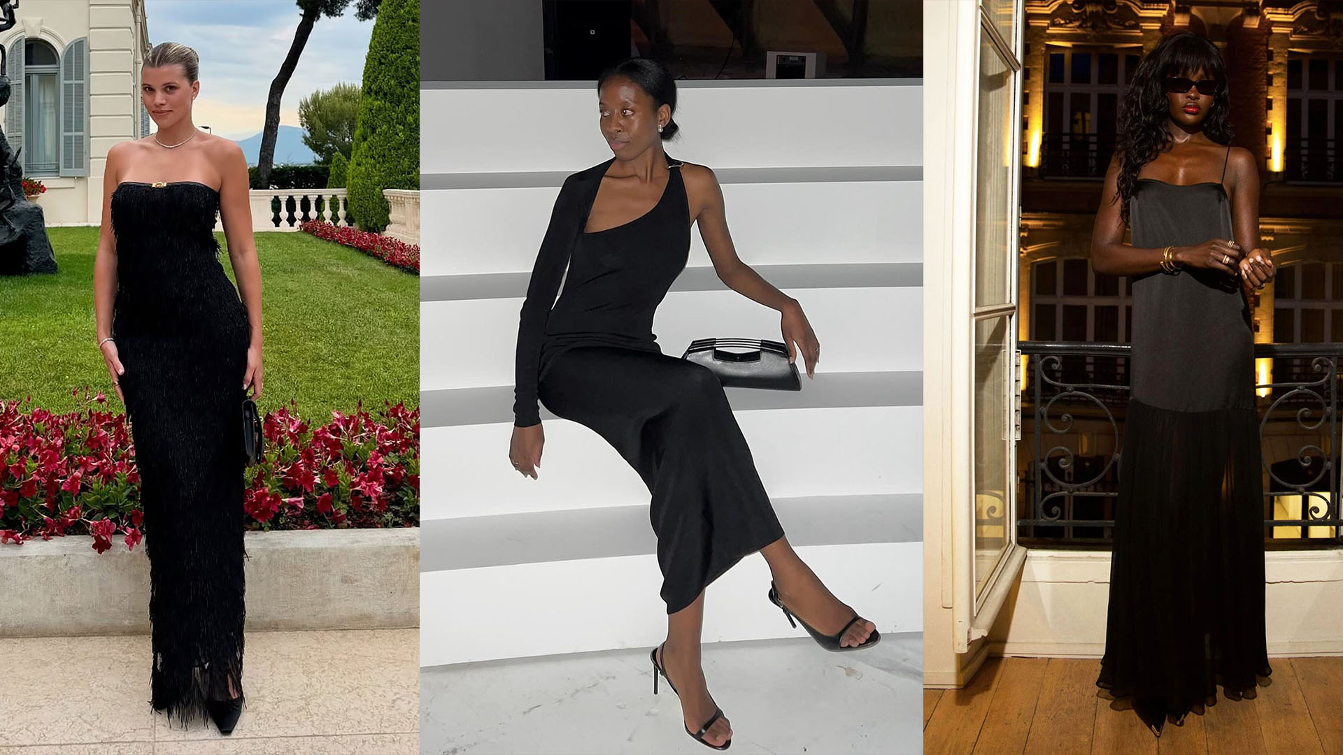 women wearing black wedding guest dresses