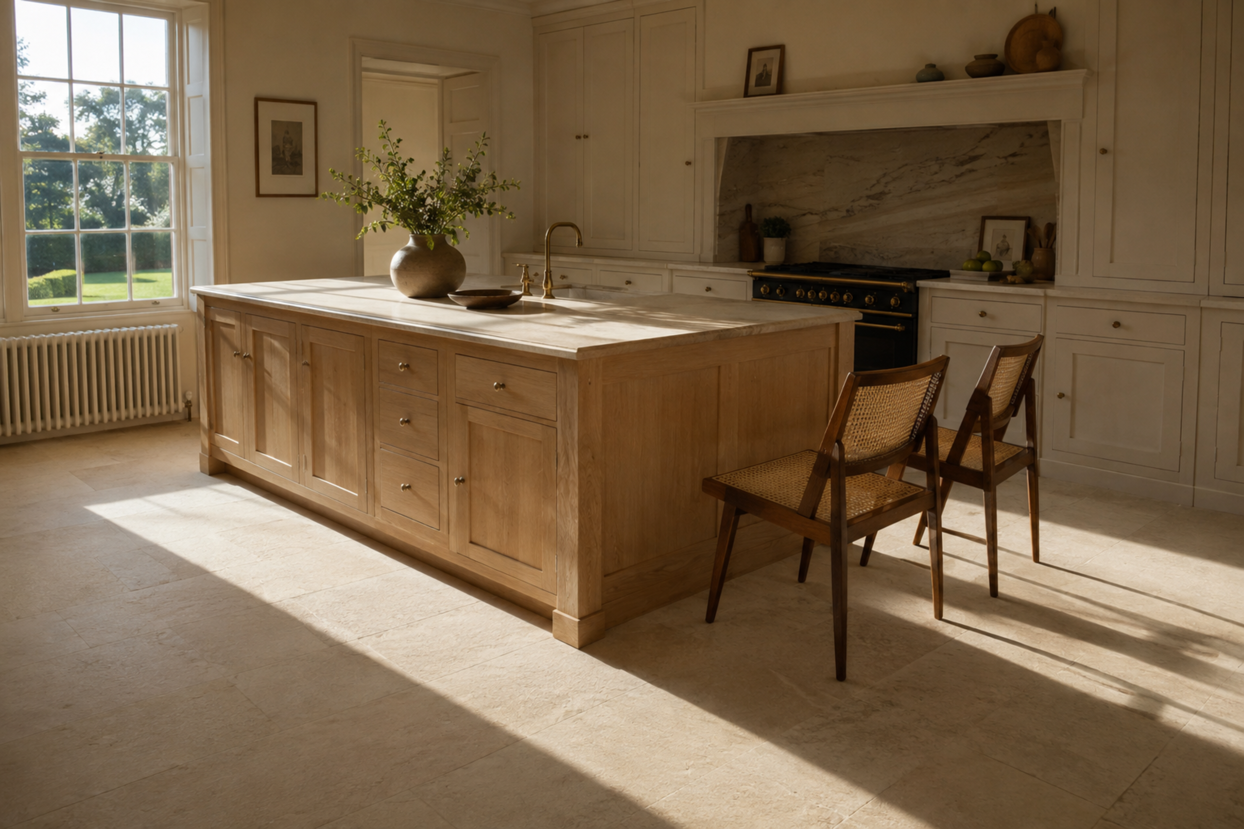 Large oak kitchen island with a light stone countertop and built-in drawers, paired with two rattan dining chairs. Warm daylight casts long shadows across the stone tile floor