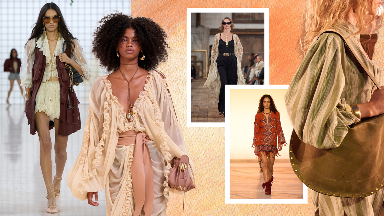 collage of boho styles from spring 2025 runways 