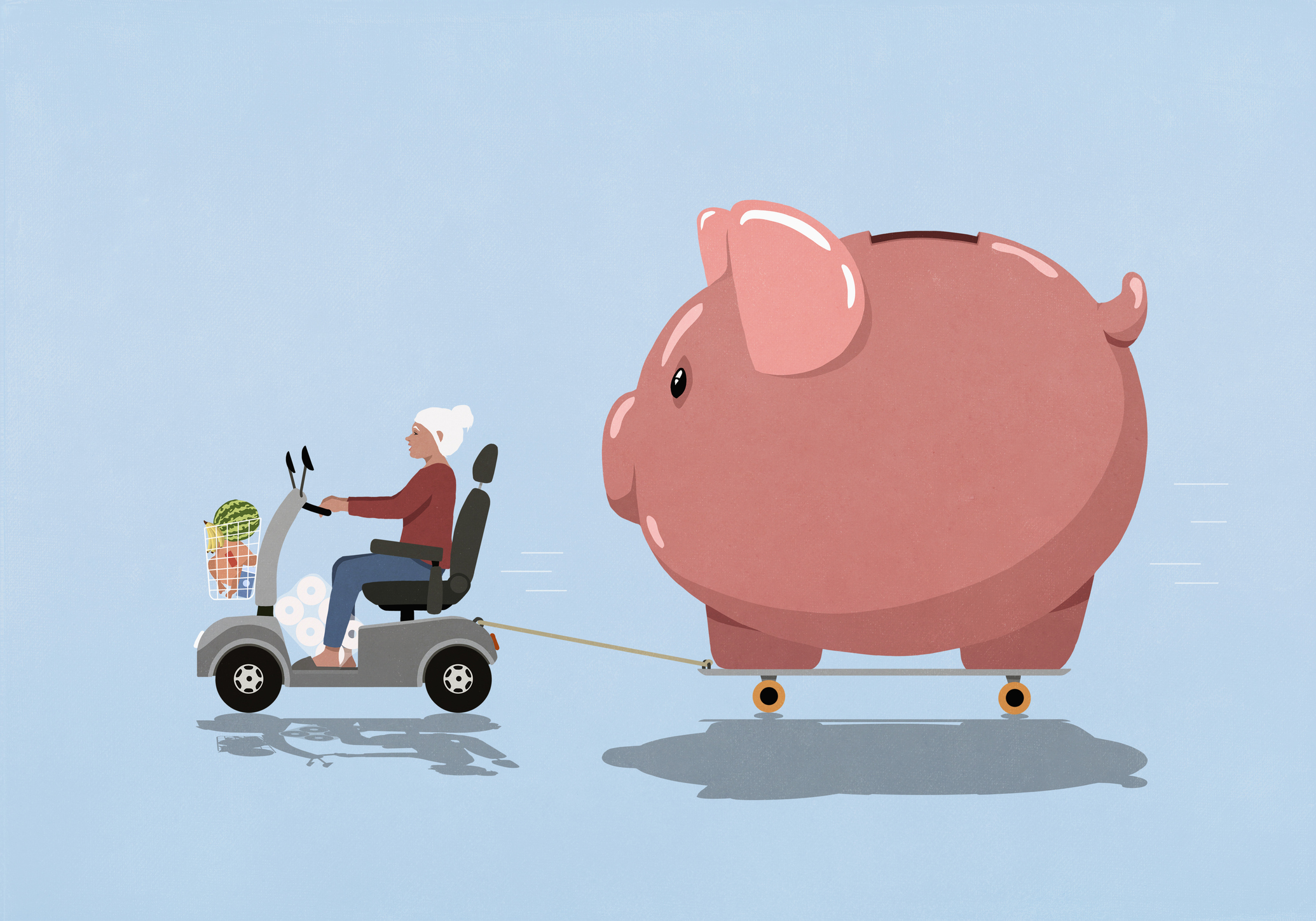 an animation of an older woman on a scooter hauling a huge piggy bank