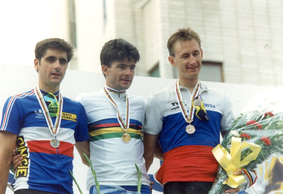 The 1992 world championship podium (l-r): Laurent Jalabert, Gianni Bugno and Dimitri Konychev