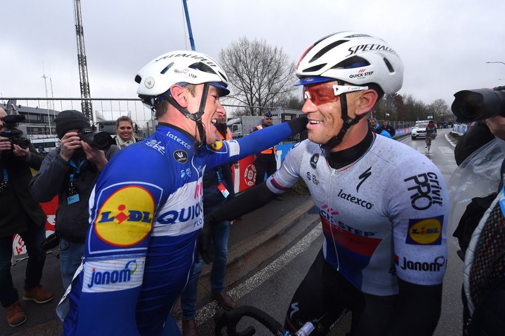 Yves Lampaert celebrates with Zdenek Stybar