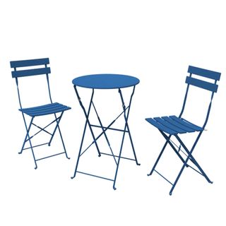 blue iron foldable table and two chairs suitable for a patio