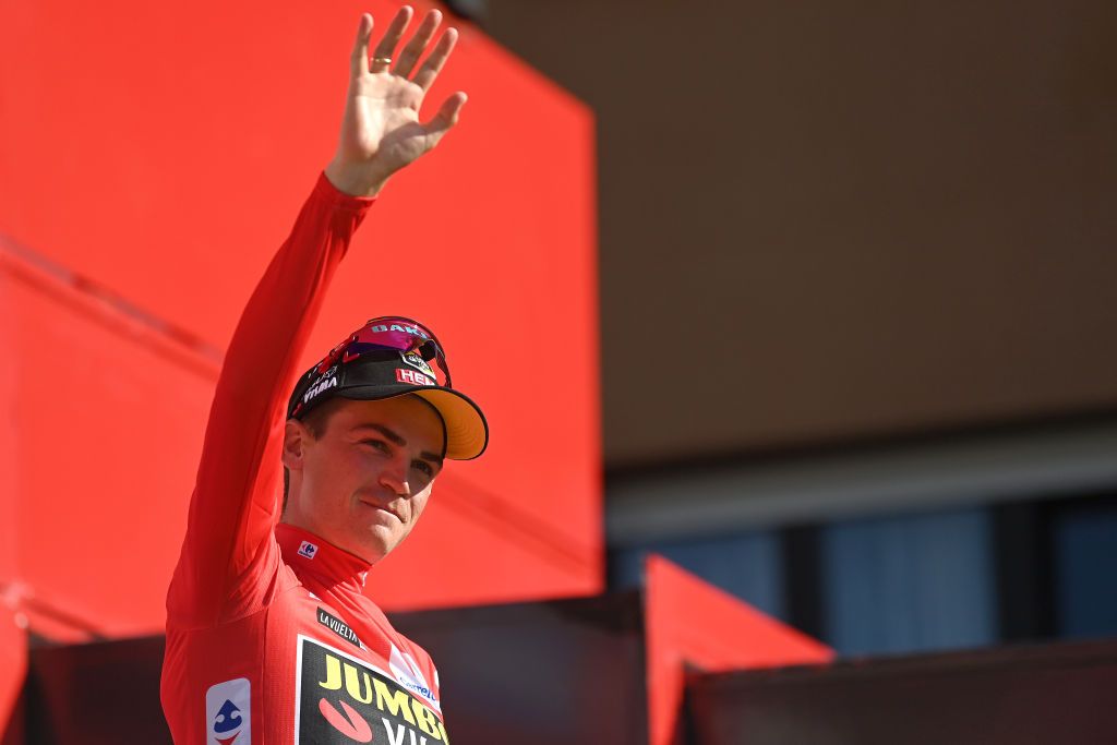 LEKUNBERRI SPAIN SEPTEMBER 10 Sepp Kuss of The United States and Team JumboVisma celebrates at podium as Red Leader Jersey wnner celebrates at podium as during the 78th Tour of Spain 2023 Stage 15 a 1583km stage from Pamplona to Lekunberri UCIWT on September 10 2023 in Lekunberri Spain Photo by Tim de WaeleGetty Images