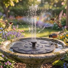 AUTGA Amazon solar fountain in bird bath in garden with birds