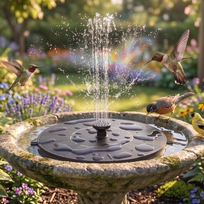 AUTGA Amazon solar fountain in bird bath in garden with birds