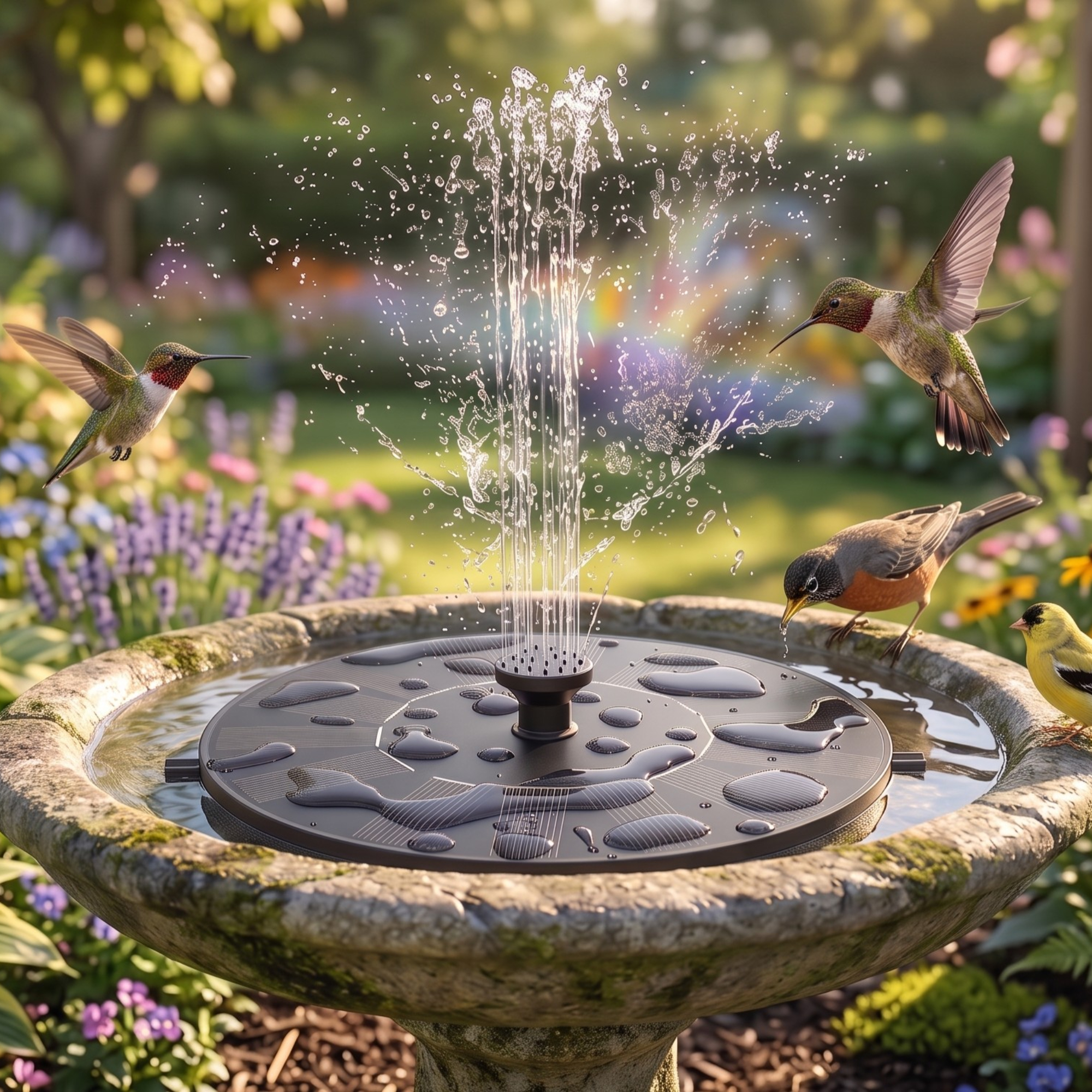 AUTGA Amazon solar fountain in bird bath in garden with birds