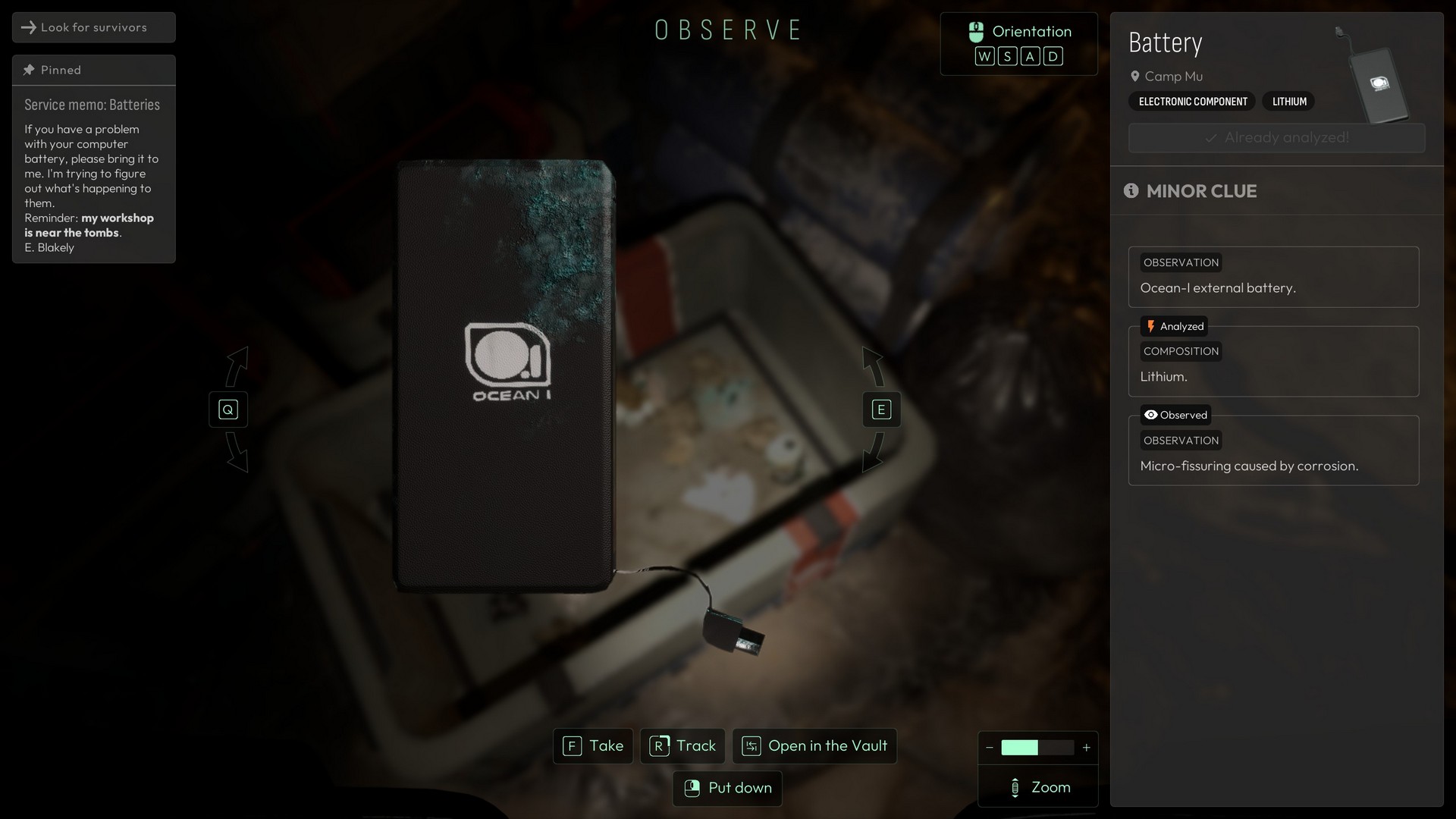 Investigating a battery in Cthulhu: The Cosmic Abyss