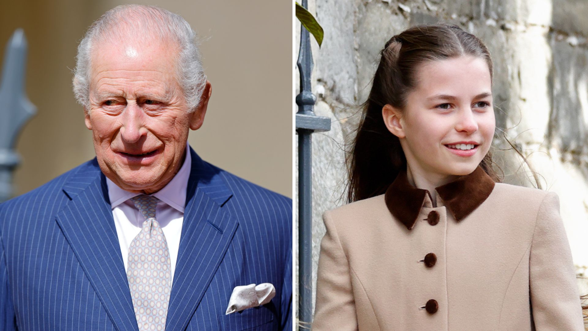 A composite of a picture of King Charles and a picture of Princess Charlotte, both taken on Easter Sunday 2026