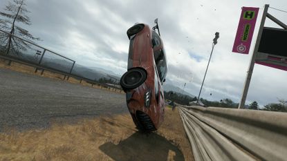 Forza Horizon 6 mercedes racing car flipping on its front end after crashing into barrier