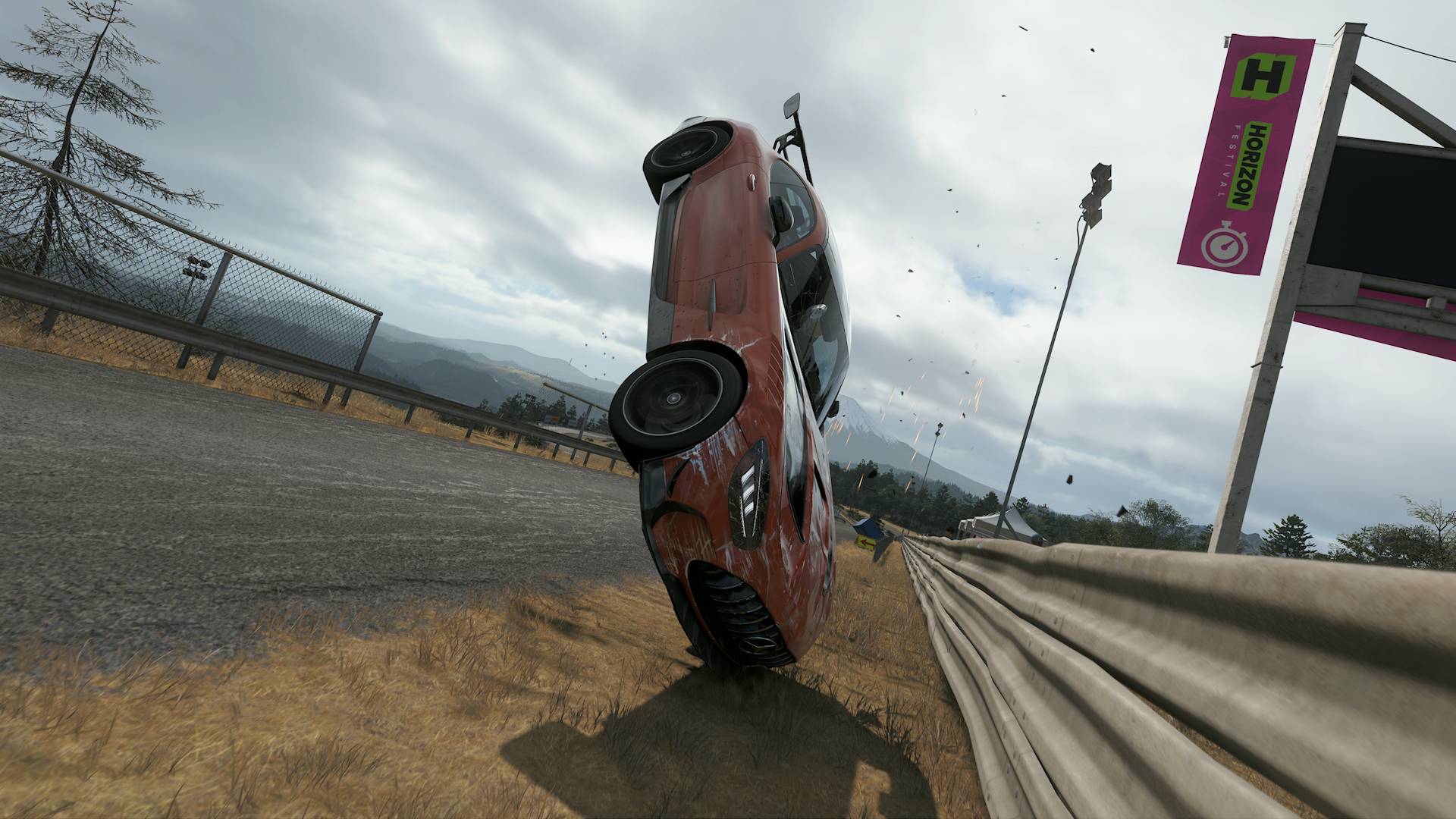 Forza Horizon 6 mercedes racing car flipping on its front end after crashing into barrier