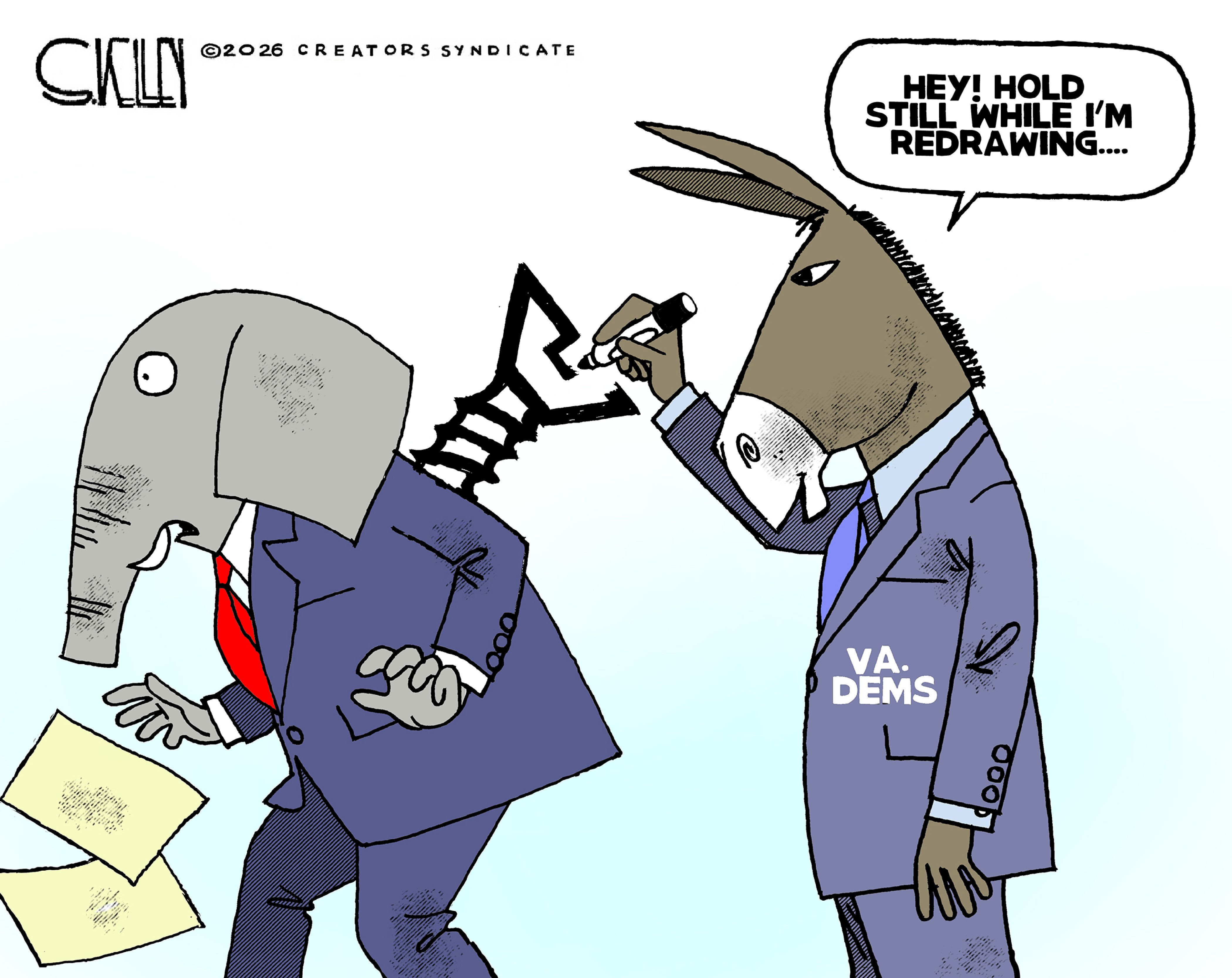 This cartoon depicts an elephant in a suit and a donkey in a suit labeled &amp;ldquo;VA. Dems&amp;rdquo;. The donkey is drawing the image of a screw into the back of the elephant and says, &amp;ldquo;Hey! Hold still while I&amp;rsquo;m redrawing&amp;hellip;&amp;rdquo;