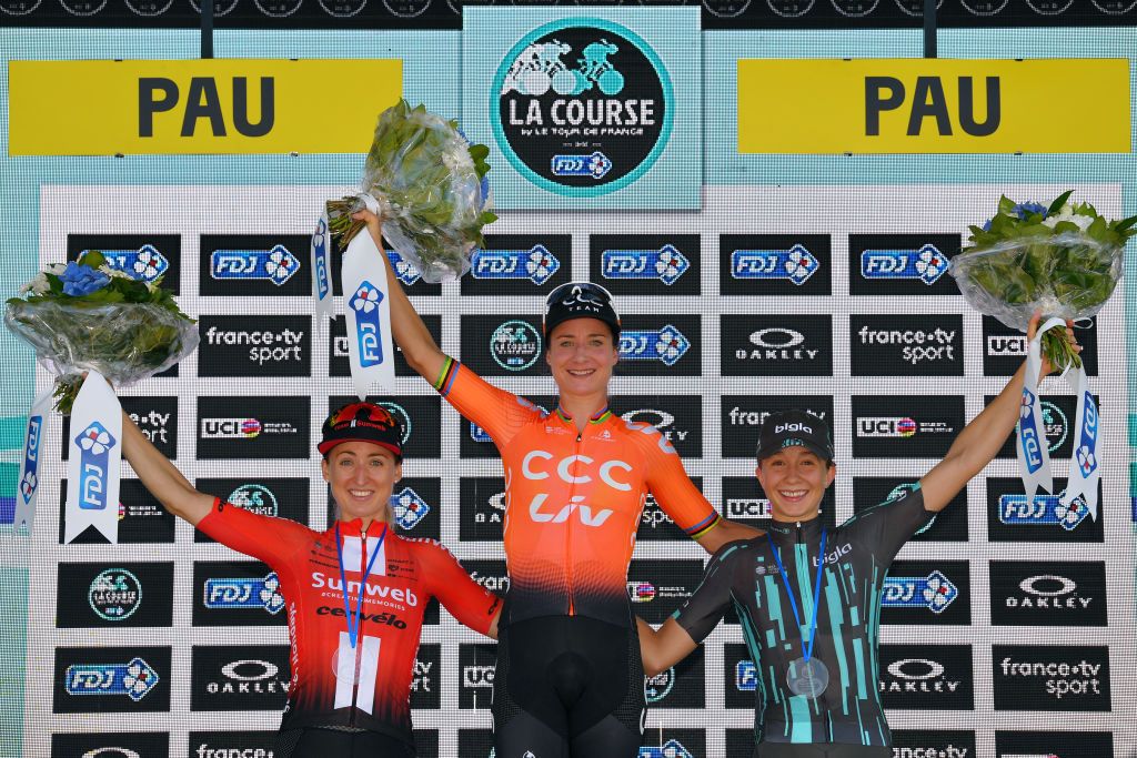 The 2019 La Course podium (l-r): Leah Kirchmann (Team Sunweb), Marianne Vos (CCC-Liv) and Cecilie Uttrup Ludwig (Bigla)