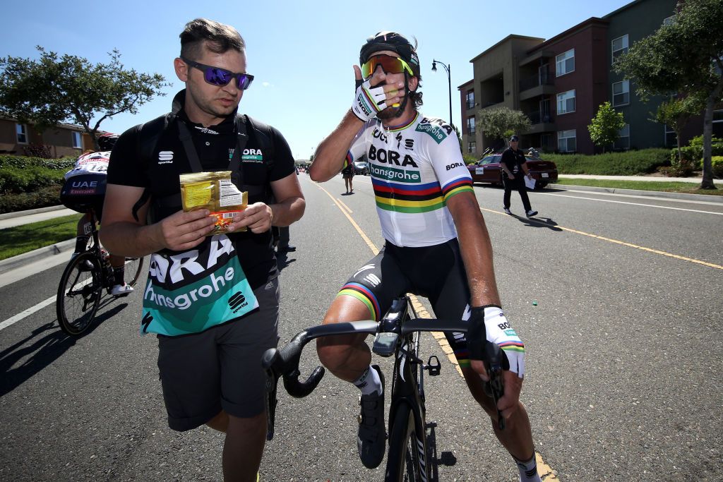 World champion Peter Sagan (Bora-Hansgrohe) scoffs down his usual handful of Haribo jelly bears after finishing third on stage 5 of the 2018 Tour of California