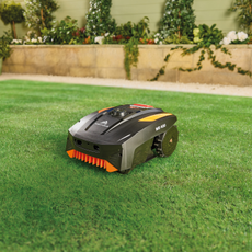 Aldi robot lawn mower on freshly cut grass.