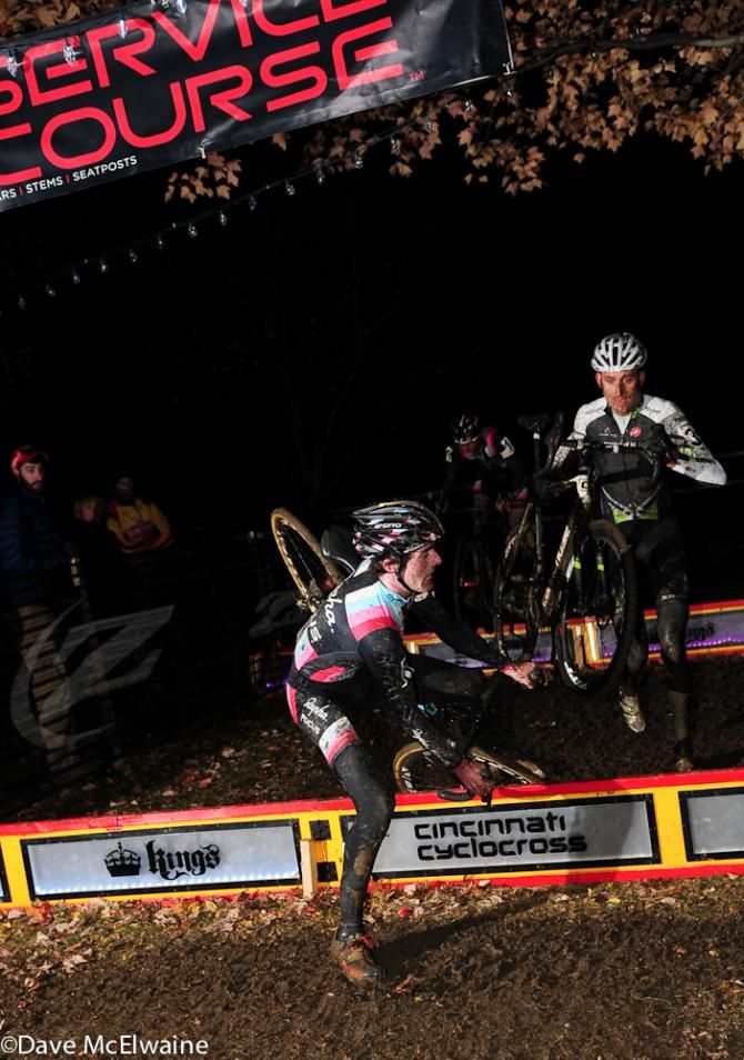 Zach McDonald (Rapha Focus) crashed jumping the barriers just ahead of Trebon