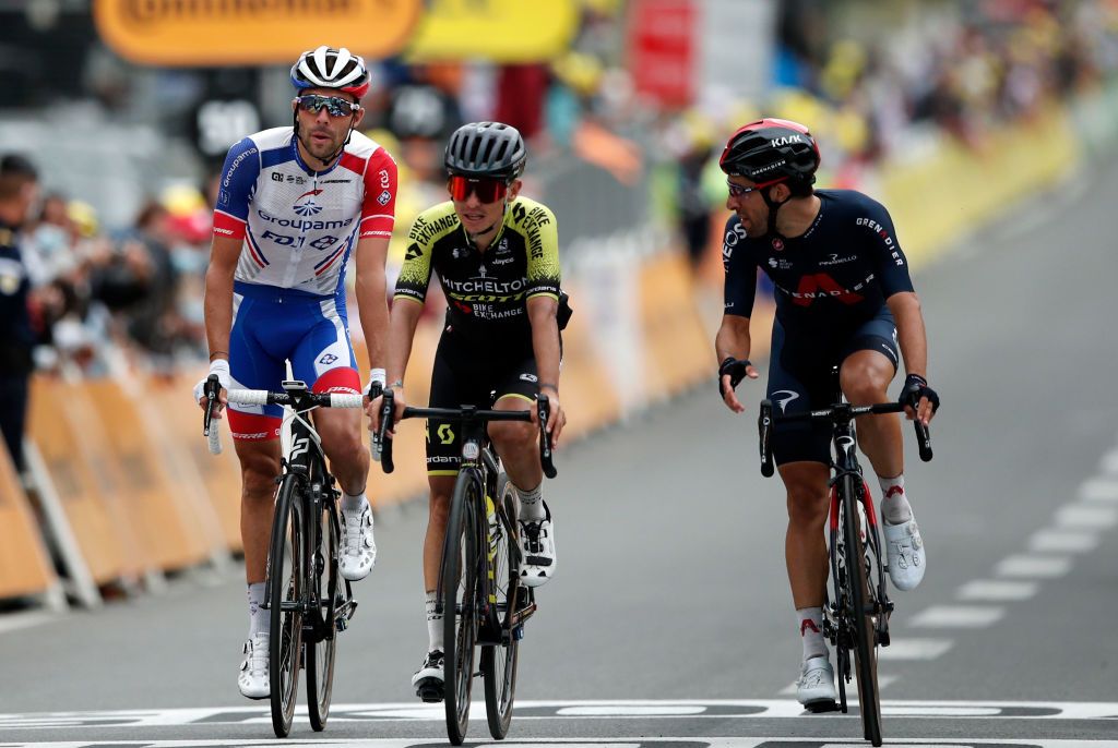 LARUNS FRANCE SEPTEMBER 06 Arrival Thibaut Pinot of France and Team Groupama FDJ Johan Esteban Chaves Rubio of Colombia and Team Mitchelton Scott Jonathan Castroviejo of Spain and Team INEOS Grenadiers during the 107th Tour de France 2020 Stage 9 a 153km stage from Pau to Laruns 495m TDF2020 LeTour on September 06 2020 in Laruns France Photo by Benoit Tessier PoolGetty Images