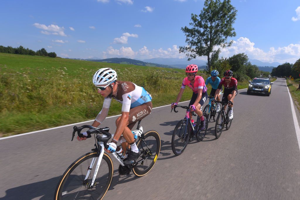 KRAKOW POLAND AUGUST 09 Geoffrey Bouchard of France and Team Ag2R La Mondiale James Whelan of Australia and Team EF Education First Hugo Houle of Canada and Astana Pro Team Luke Rowe of The United Kingdom and Team Ineos Breakaway during the 77th Tour of Poland 2020 Stage 5 a 188km stage from Zakopane to Krakow TourdePologne tdp20 on August 09 2020 in Krakow Poland Photo by Luc ClaessenGetty Images