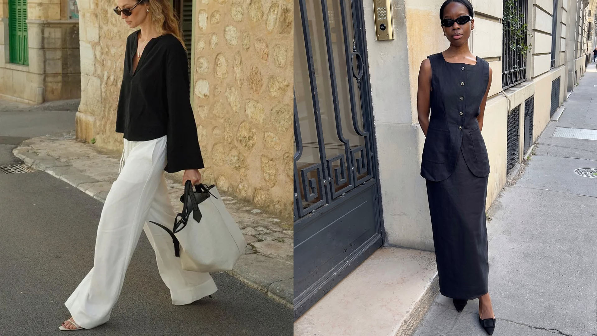 Women in black and white linen outfits