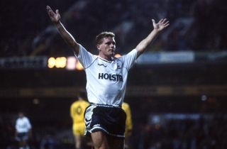 Paul Gascoigne celebrates a goal for Tottenham against Hartlepool in the League Cup in 1990.