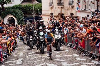 Paris 2024 Olympic Games - Cycling Road - Trocadero-Trocadero (270.0km) - Paris, France - Men’s Road Race - Remco Evenepoel (Belgium) attacks to drop Valentin Madouas (France)