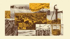 Photo composite illustration of Kabul, the Hindu Kush mountains, a well, water pump, and arid landscapes