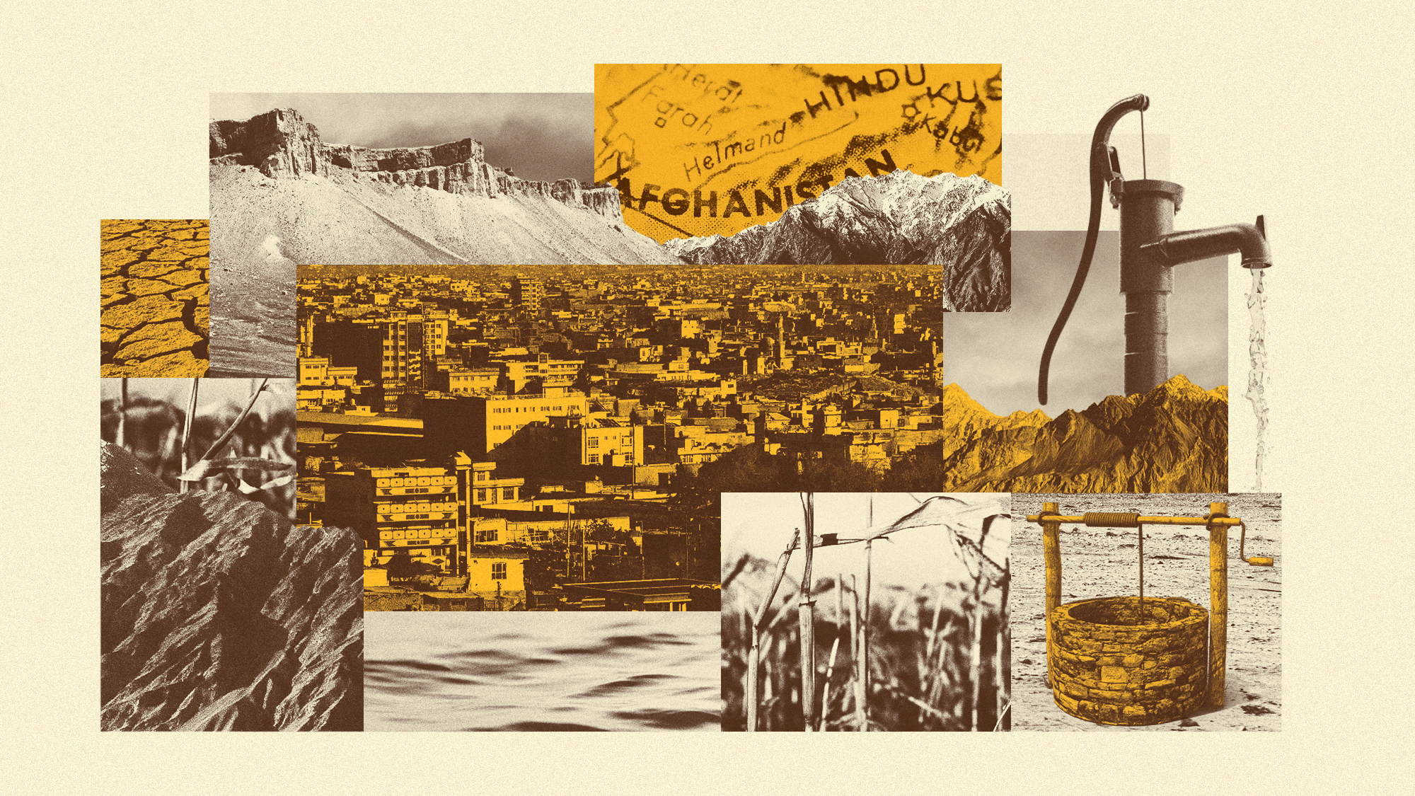 Photo composite illustration of Kabul, the Hindu Kush mountains, a well, water pump, and arid landscapes