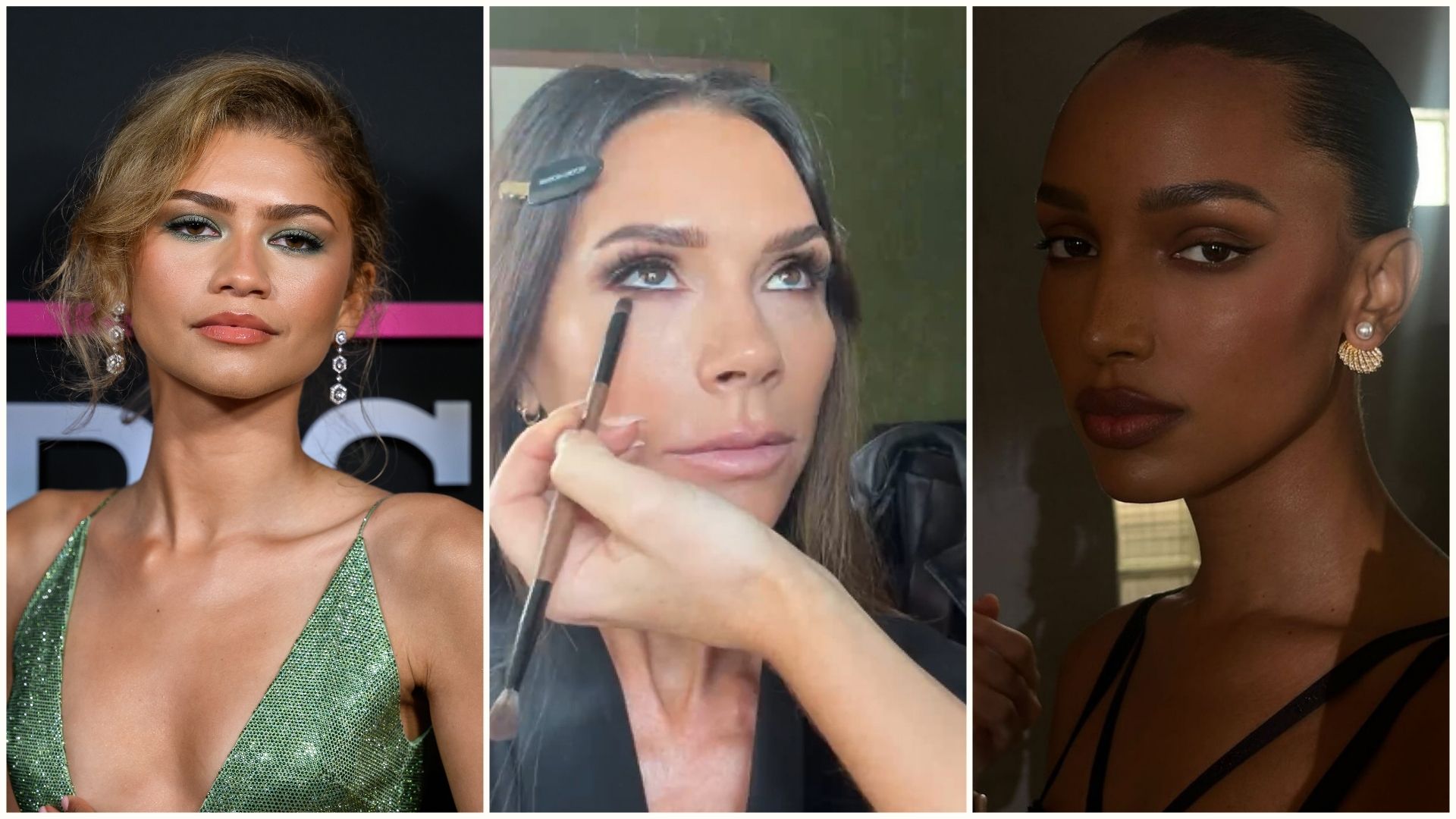 A collage of celebrities with brown eyes wearing eyeliner