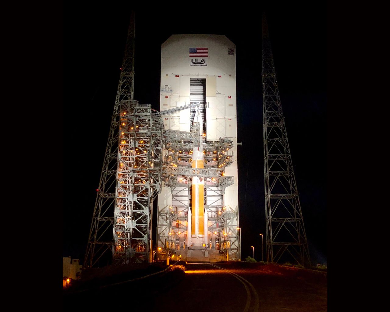 A United Launch Alliance Delta IV Medium rocket, the last of its kind, stands atop Space Launch Complex 37 one day before the launch of a new GPS III satellite for the U.S. Air Force from Cape Canaveral Air Force Station on Aug. 22, 2019.