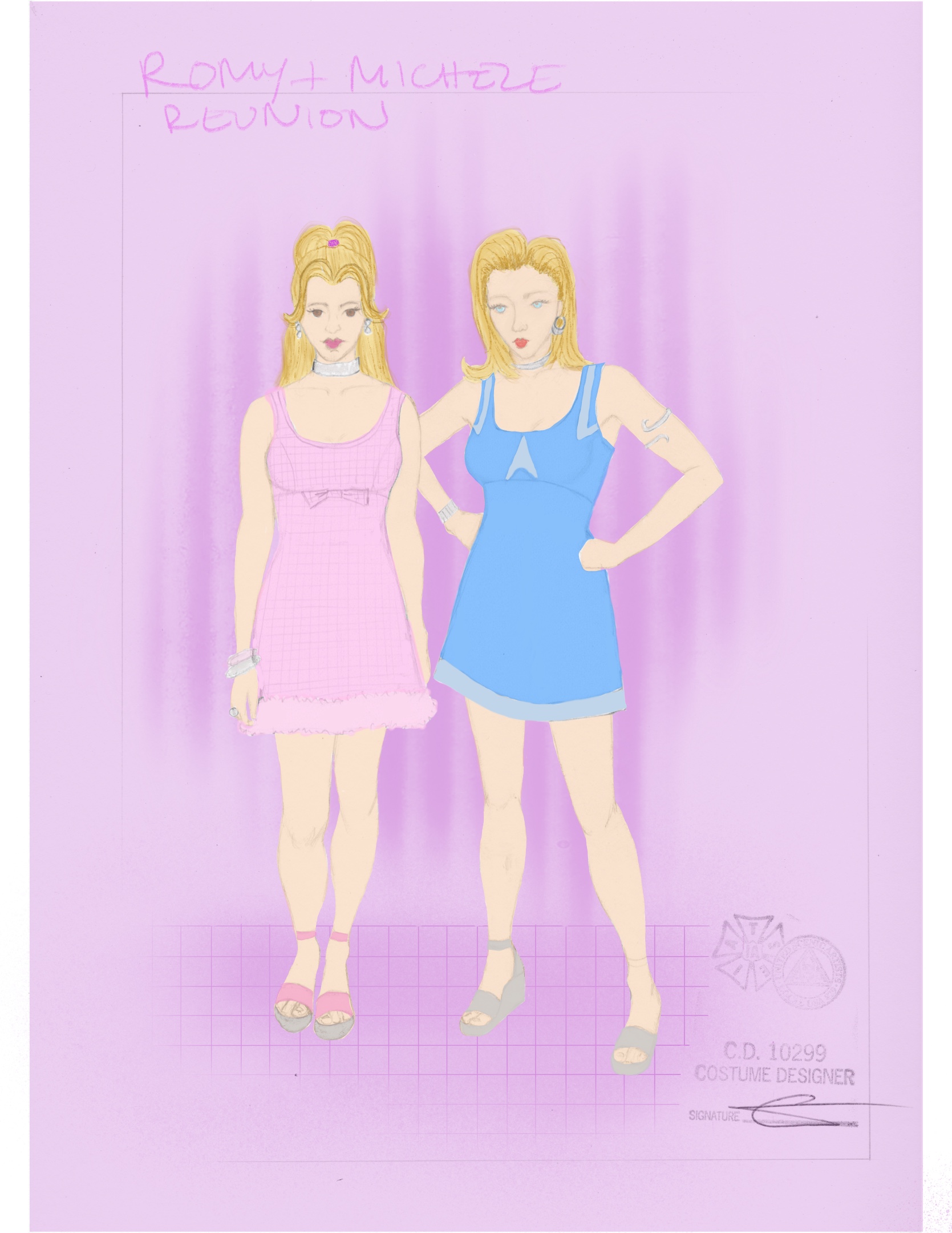 costume design sketches of romy and michele the musical featuring the girls in their high school reunion dresses