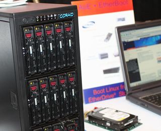 Coraid's SR1521T unit can hold 15 SATA drives. Two 1GB Ethernets on the back provide network connectivity.