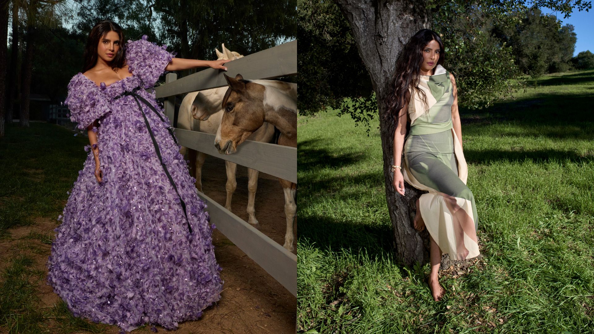 two photos of Priyanka Chopra Jonas in a purple dress and in a silk dress outside