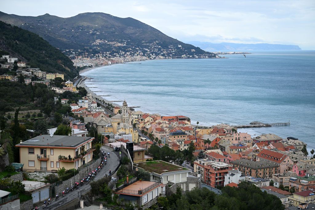 LAIGUEGLIA ITALY FEBRUARY 28 A general view of the peloton passing through a Colla Micheri village during the 61st Trofeo Laigueglia 2024 a 202km one day race from Laiguegli to Laigueglia on February 28 2024 in Laigueglia Italy Photo by Dario BelingheriGetty Images