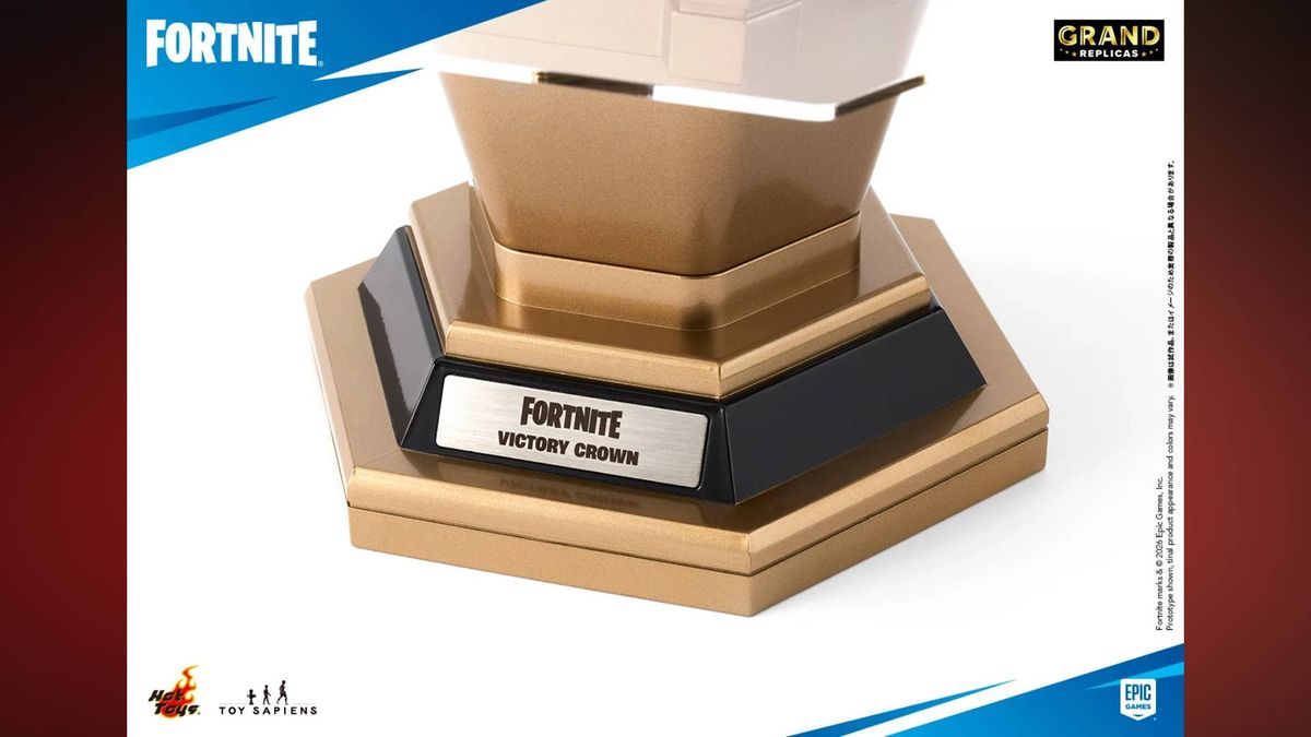 Close up of the Fortnite Grand Replicas Victory Crown 1:1 Scale Replica display stand.