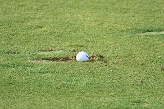 A golf ball in a divot