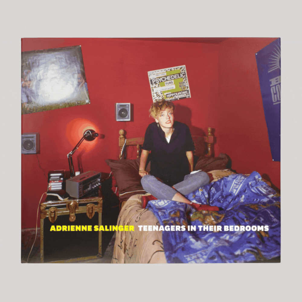 Adrienne Salinger Teenagers in Their Bedrooms 2nd Edition cover and interior shown in a rotating gif against pale gray background.
