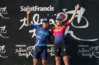 Stage podium on day 3 of Tulsa Tough: winner Skylar Schneider (L39ION of Los Angeles) and Marlies Mejias Garcia (Virginias Blue Ridge TWENTY24) second